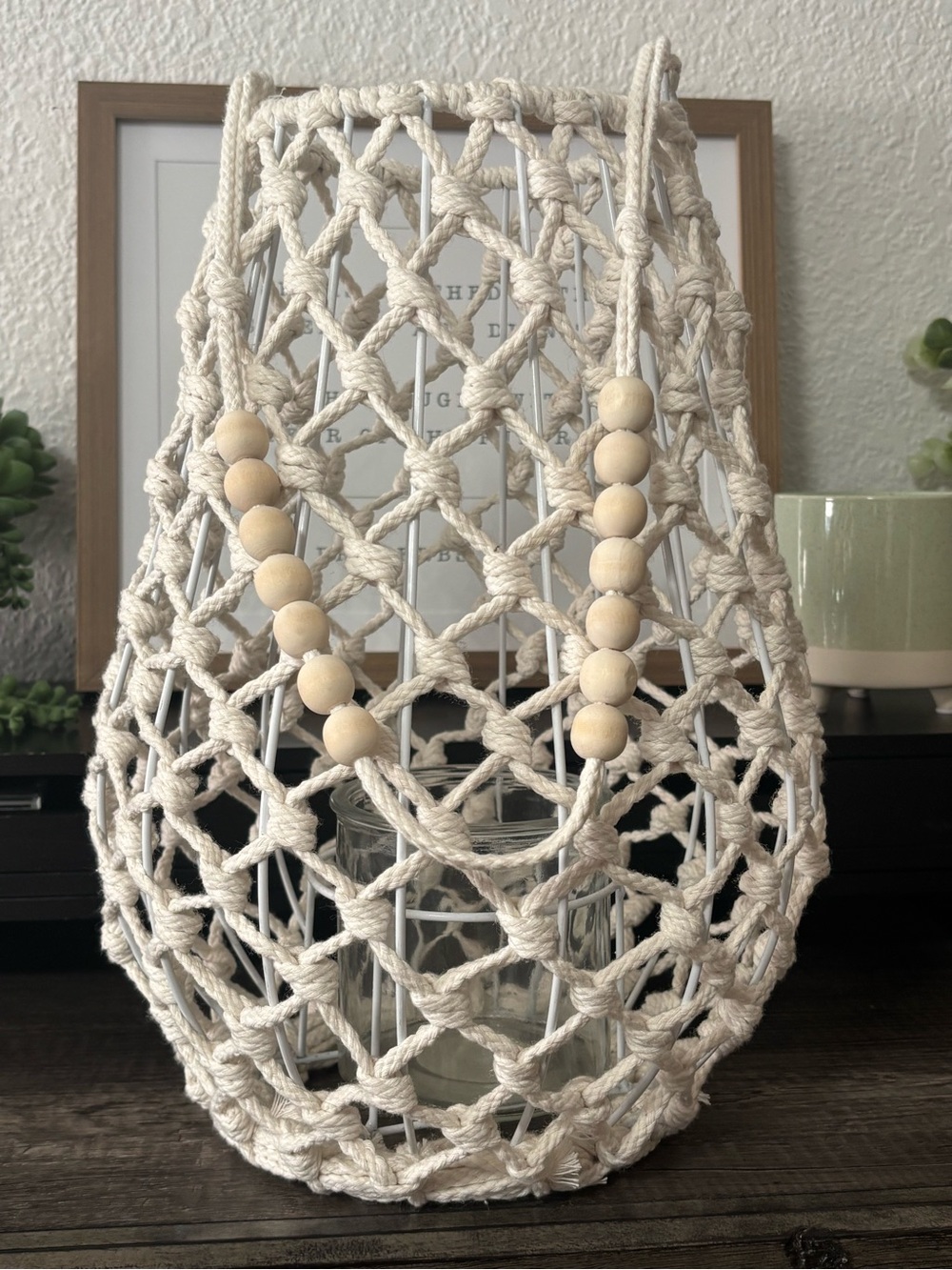 Handwoven Cream Macramé Candle Lantern with Wooden Bead Accents